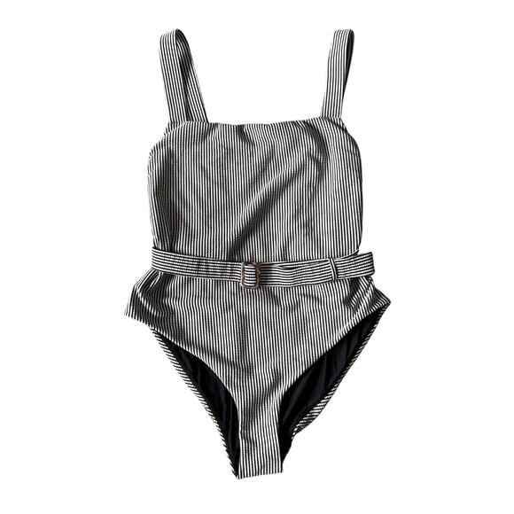 Zonarch A La Holiday Swimsuit Womens XL Black White Striped Belted One Piece - Picture 4 of 9